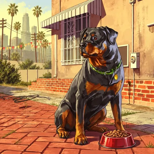 Chop sitting by his food bowl on the brick porch