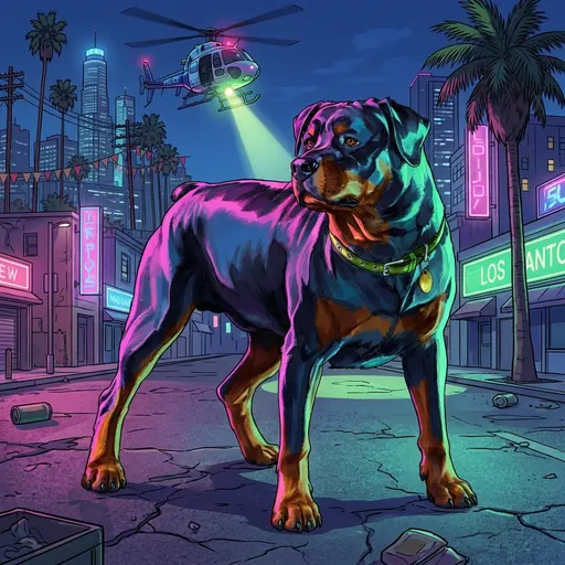 Chop under a police helicopter spotlight on a neon street at night