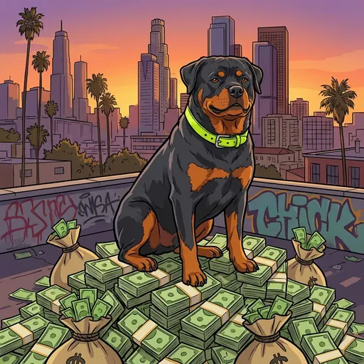 Chop sitting on stacks of cash above the Los Santos skyline