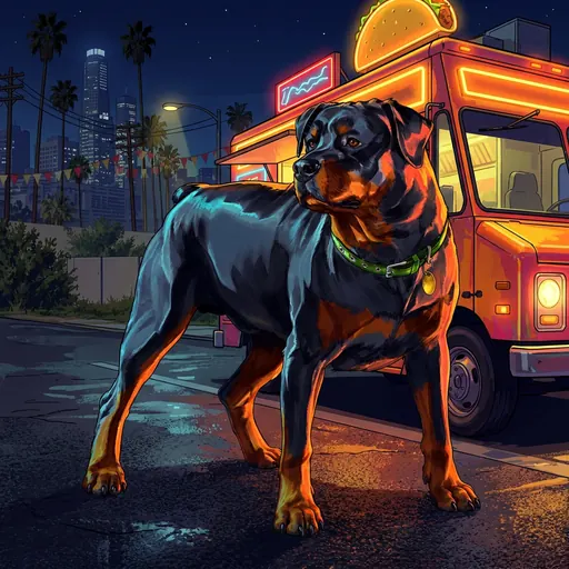 Chop guarding a food truck on a rainy neon night